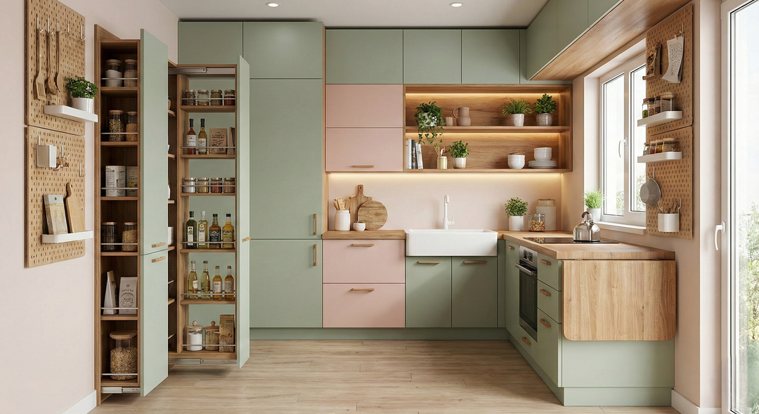 U-shaped kitchen with a breakfast bar extension for casual dining.