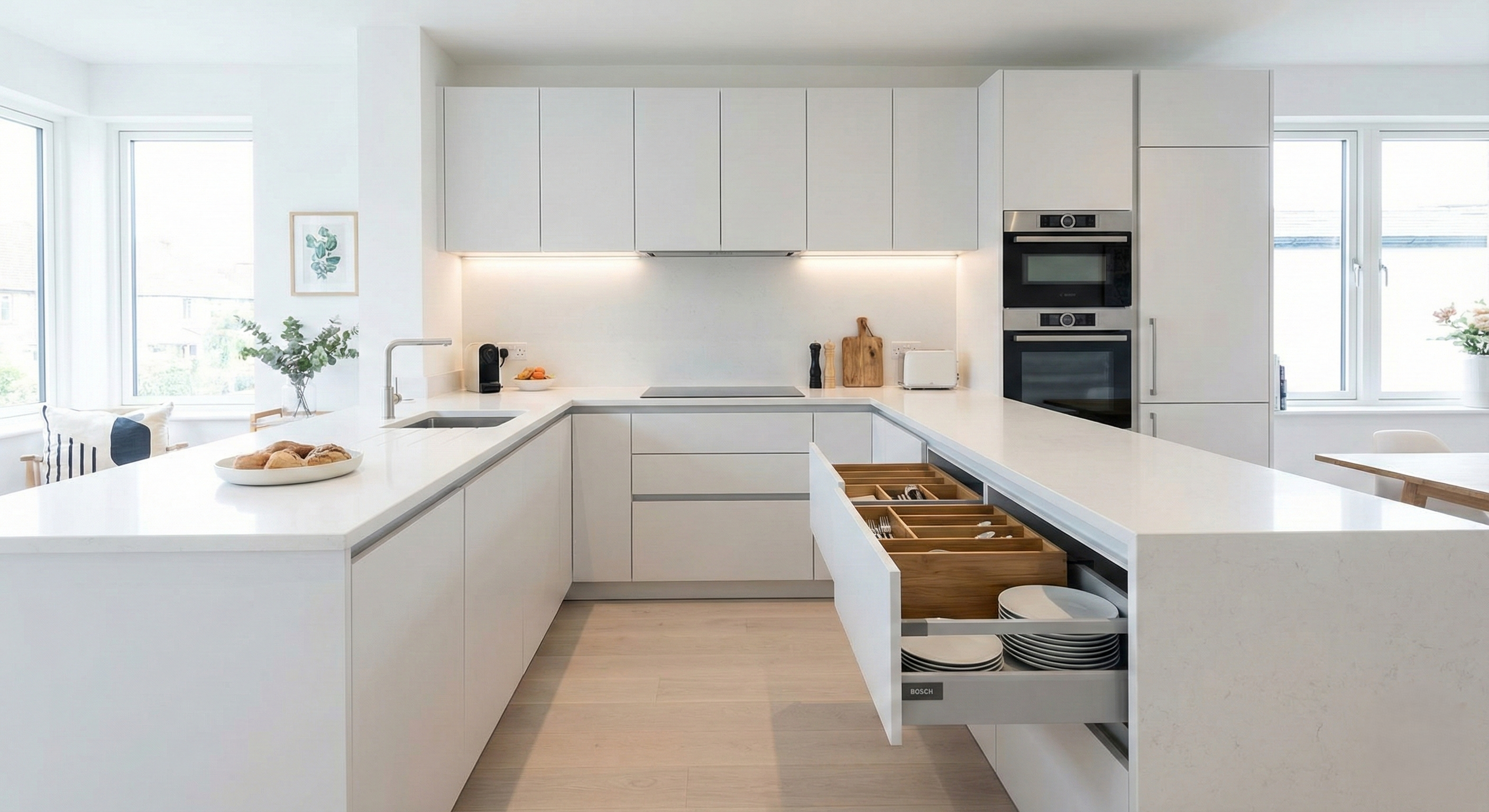 Spacious U-shaped kitchen with ample counter space and modern fixtures.