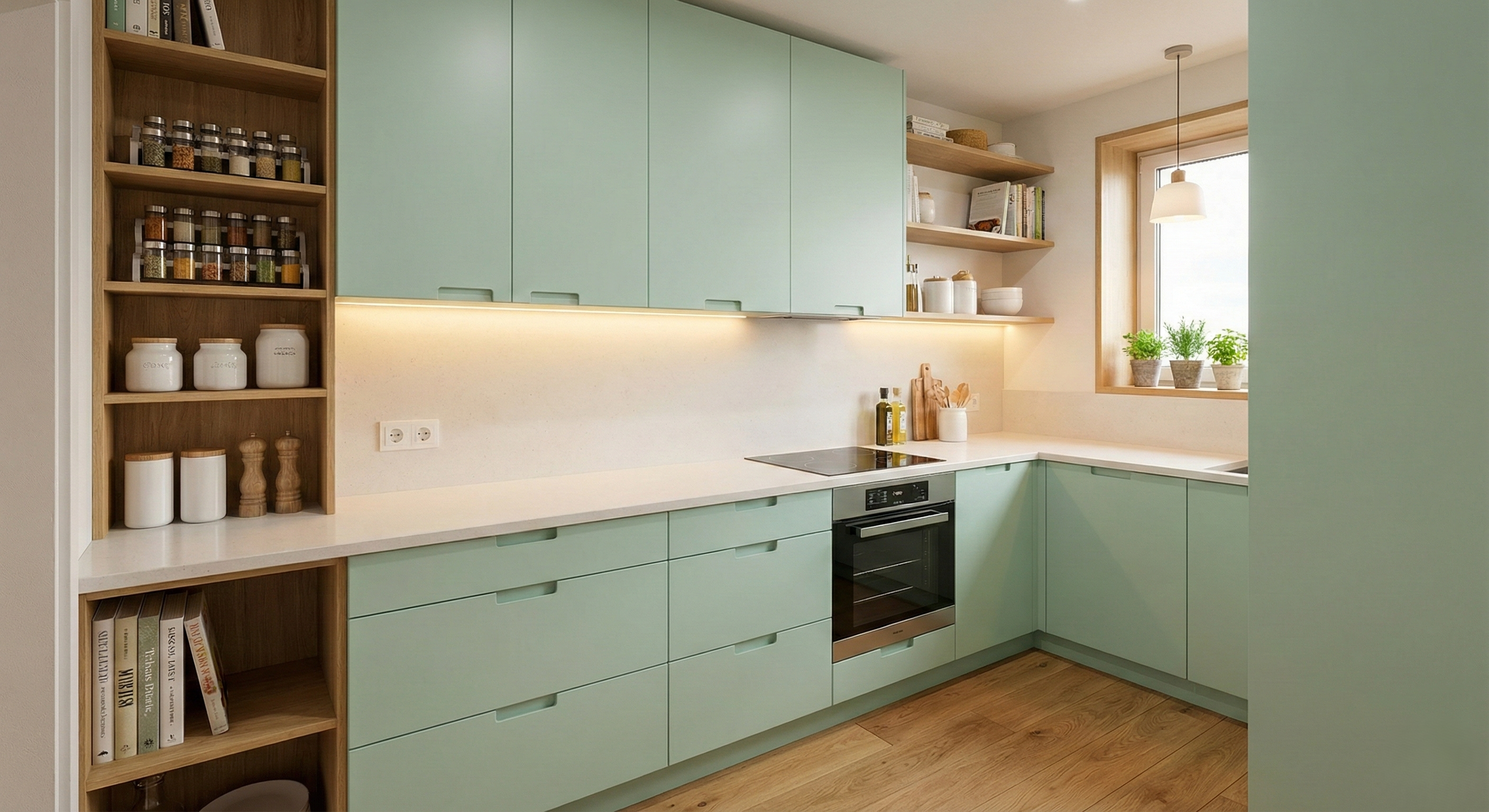 Compact straight kitchen with smart storage solutions.
