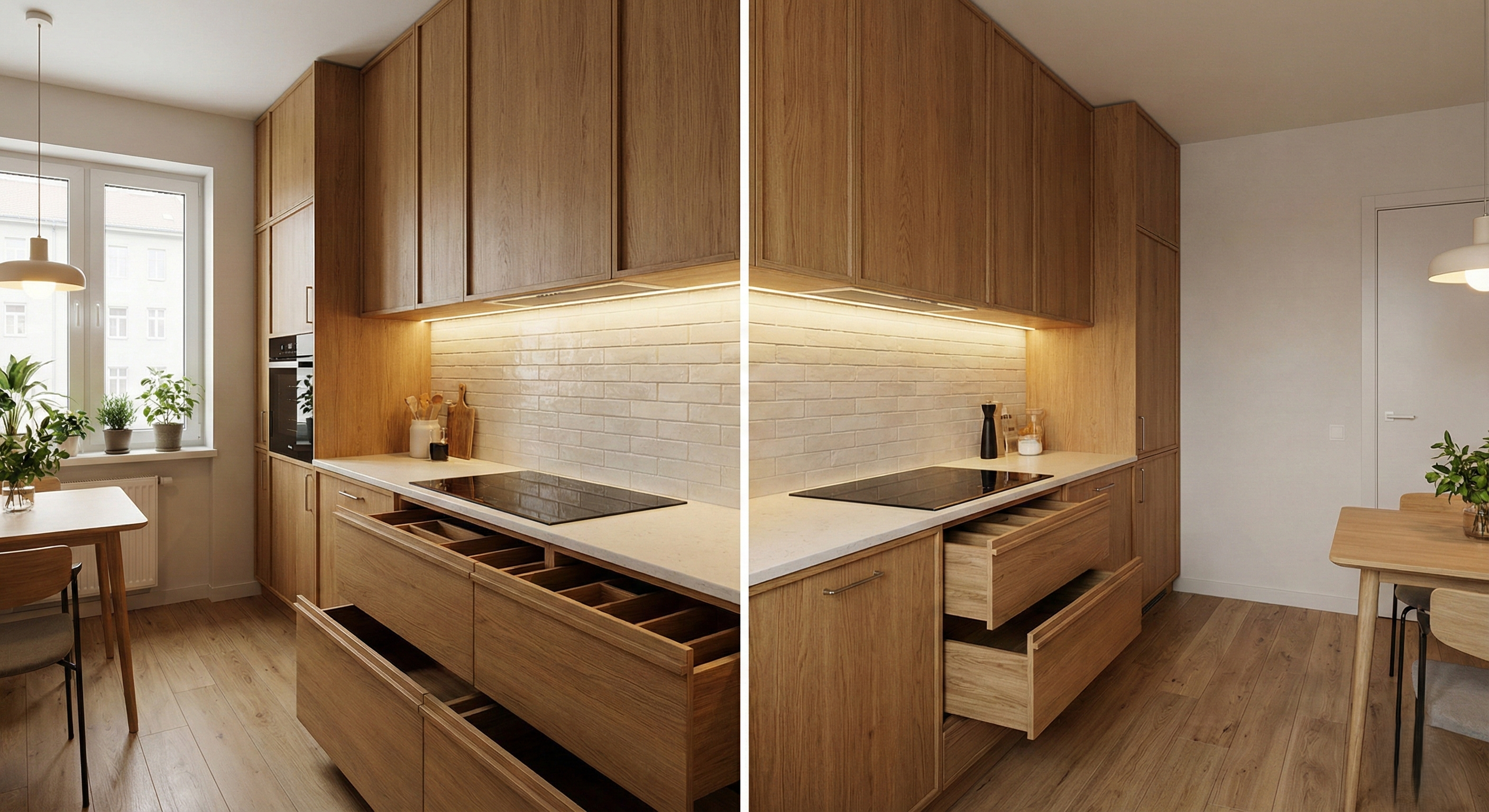 Modern straight kitchen with integrated appliances and a clean look.