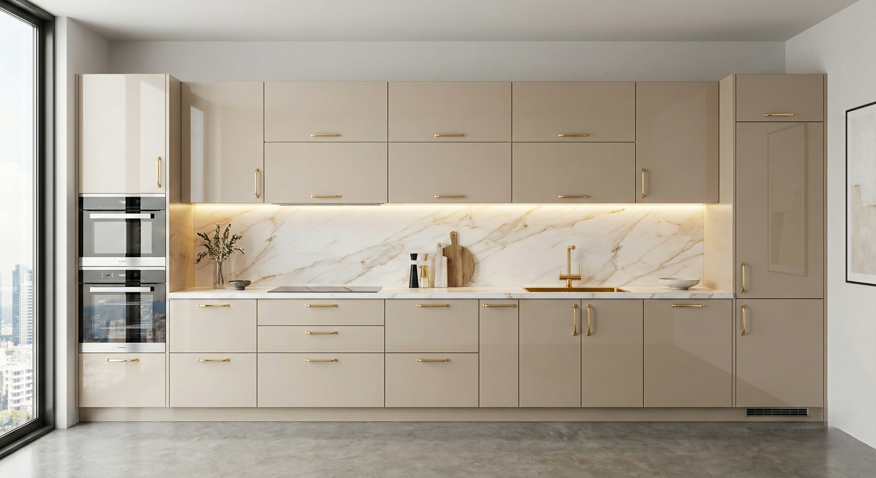 Sleek straight kitchen with minimalist white cabinets.