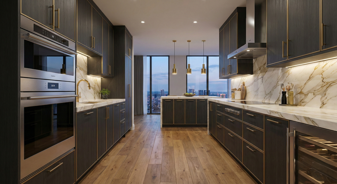 A compact and functional parallel kitchen in a modern apartment.