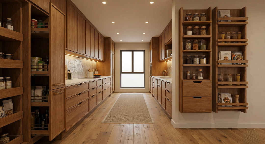 A sleek parallel kitchen with handleless cabinets and a minimalist aesthetic.