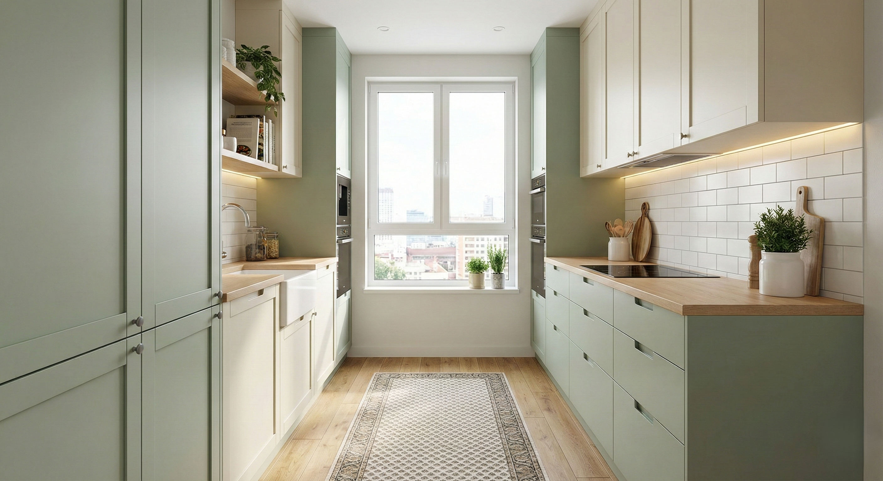 Parallel kitchen with integrated appliances and ample counter space.