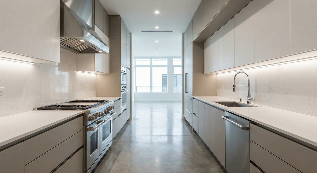 Modern parallel kitchen with dark cabinets and efficient workflow.