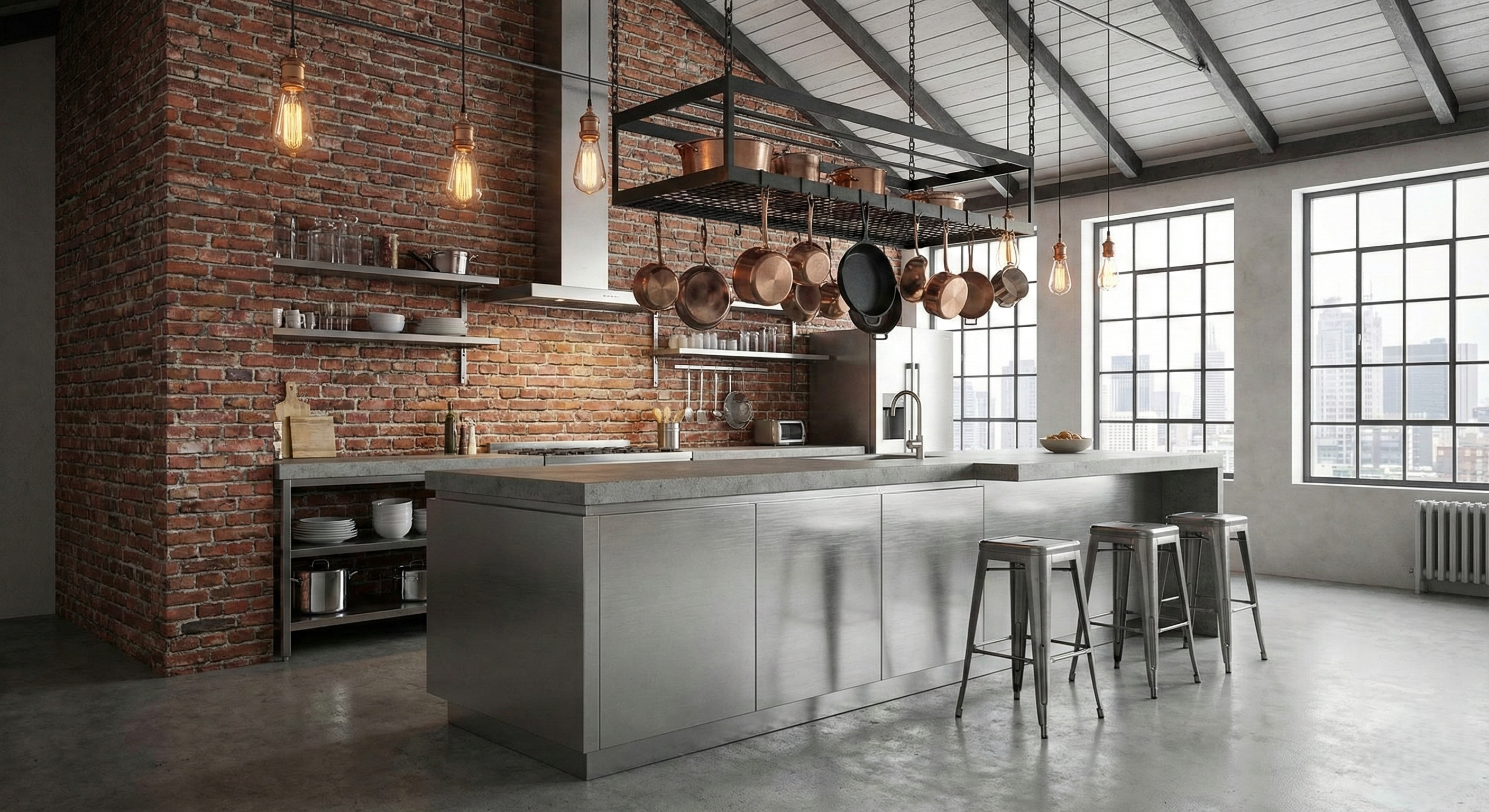 Minimalist island kitchen with sleek white cabinets and wooden accents.