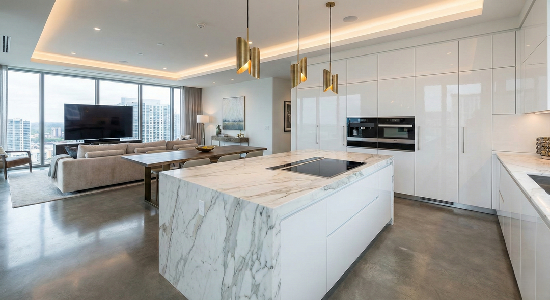 Spacious island kitchen with a waterfall countertop and bar stools.