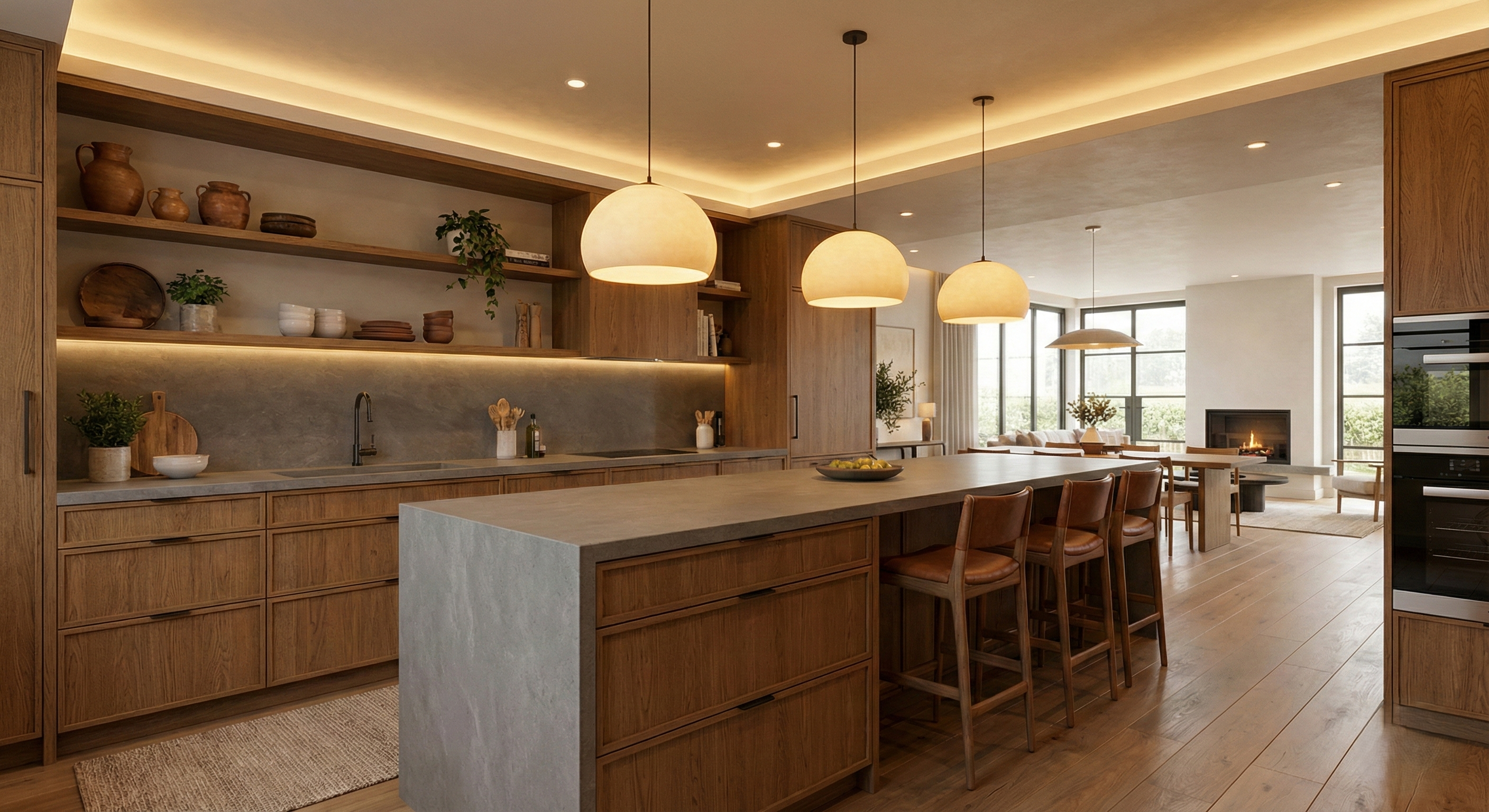 Island kitchen with integrated seating and stylish pendant lights.