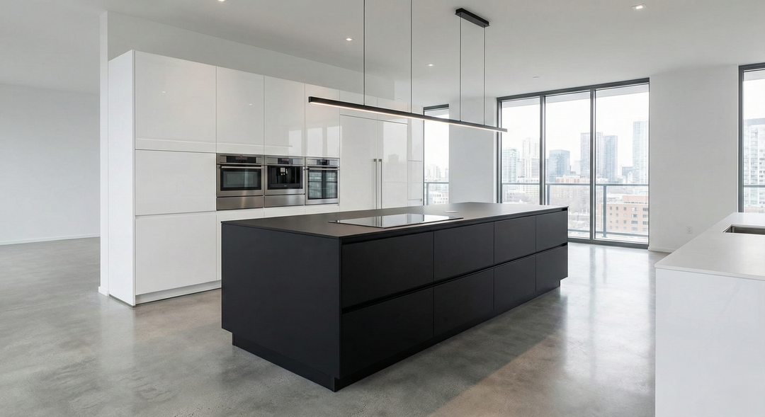 Luxurious island kitchen with marble countertops and modern lighting.