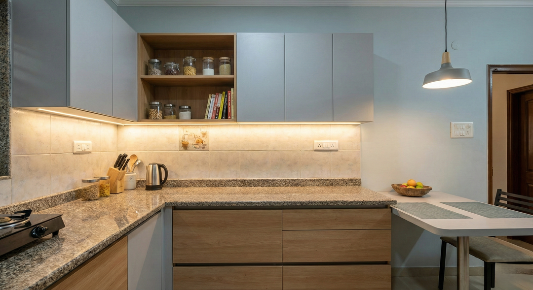 Upgraded kitchen with new shutters and modern hardware.